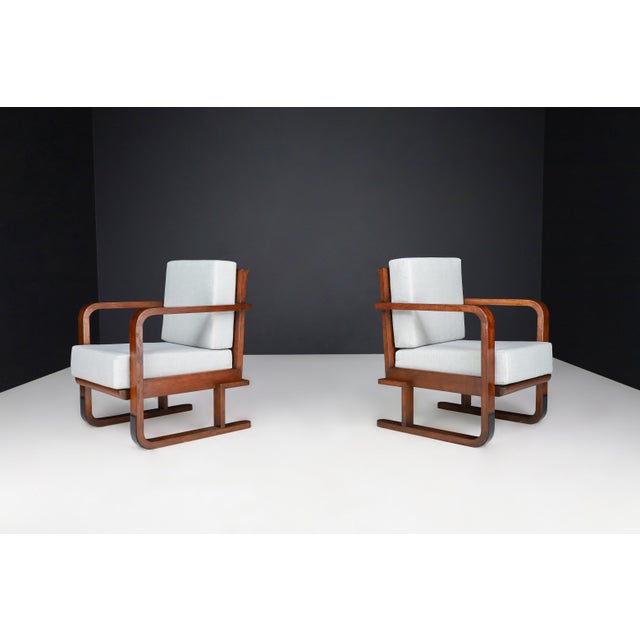 Art Deco Armchairs In Oak Bentwood and New Upholstery, Austria 1930 These are two Art Deco armchairs or lounge chairs that...
