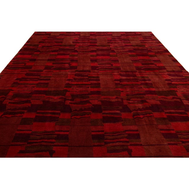 2010s Modern Tibetan Wool & Silk Room Size Rug in Red With Abstract Design For Sale - Image 5 of 8
