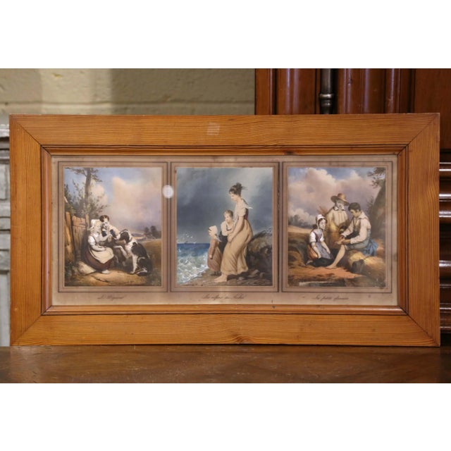 Mid 19th Century French Watercolor Pictures Under Glass in Pine Frame For Sale - Image 11 of 11