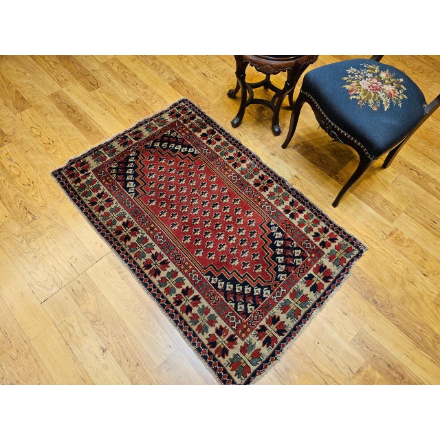 Vintage Turkish Village Area Rug, Hand-Knotted Wool, Red & Navy, 1950s, 3' x 5' For Sale - Image 14 of 15