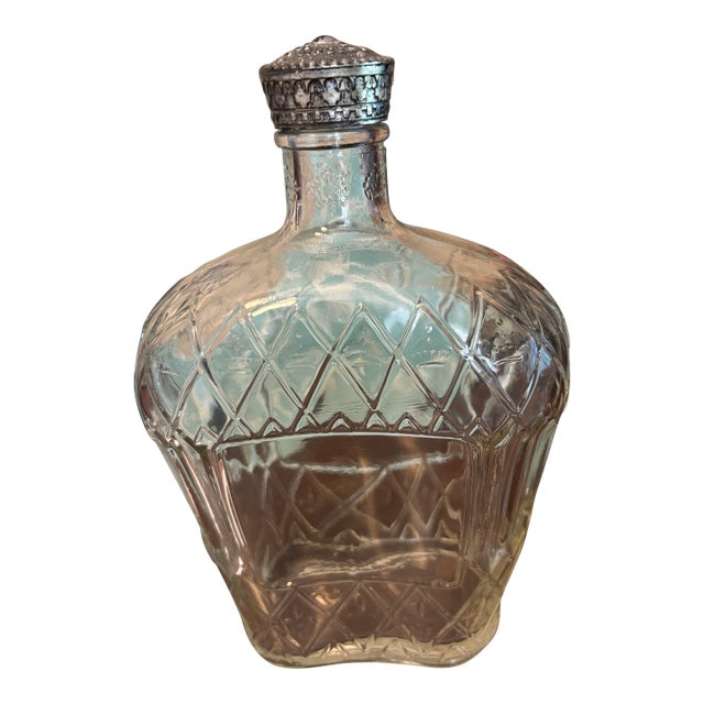 Vintage Canadian Glass Liquor Decanter Bottle With Ornate Metal Cap For Sale