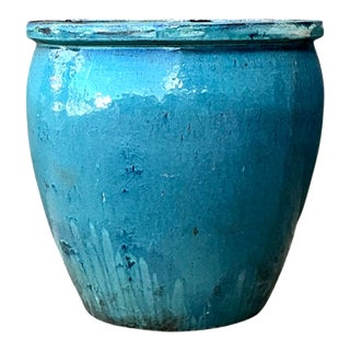 Vintage Blue Glazed Ceramic Planter For Sale