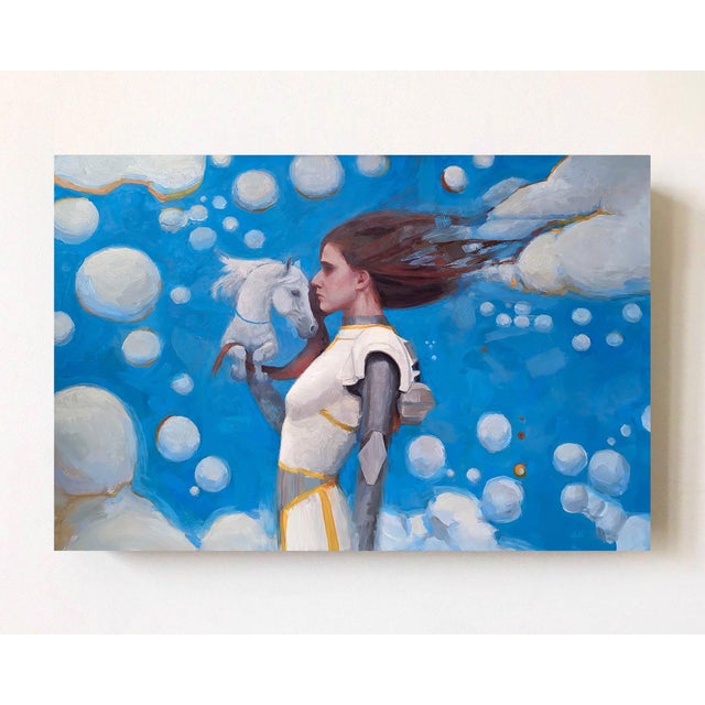 In "Silent Echoes," a figure stands poised against a vibrant blue background, cradling a delicate horse's head amid...