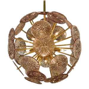 Pink Murano Glass & Brass Disc Form Sputnik Sphere Chandelier