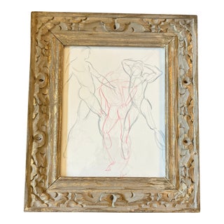 1970’s Original Abstract 3Nudes Colored Pencil Study Drawing Chunky Carved Wood Frame For Sale