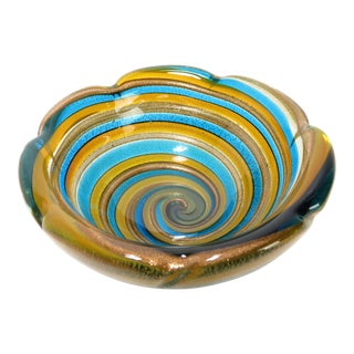 Excellent Vintage Murano Blue Gold Aventurine Swirl Bowl Sculptural Catchall For Sale