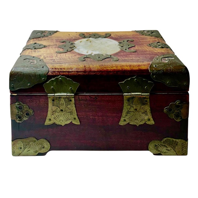 Brown 1920s Chinese Rosewood Box With Jade and Brass For Sale - Image 8 of 9