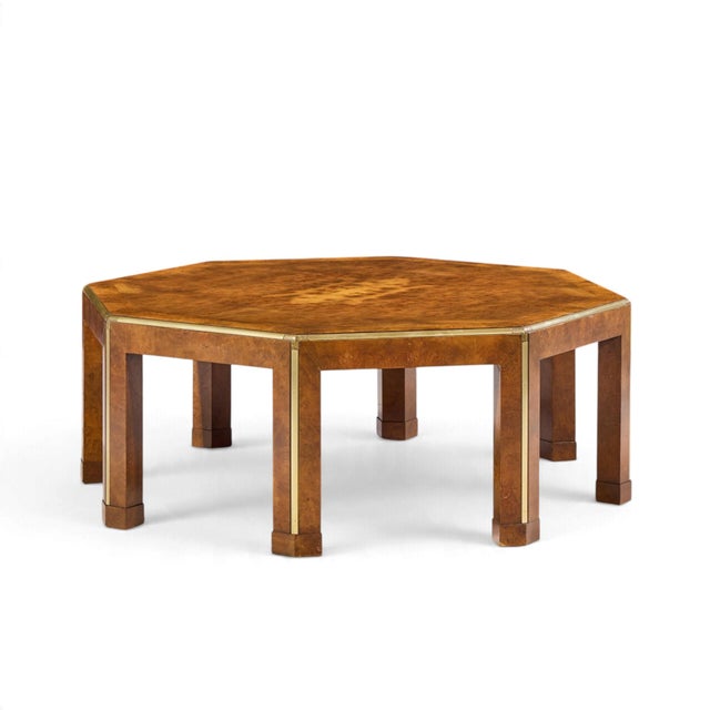 Contemporary Baker Burlwood and Brass Octagonal Coffee Table For Sale - Image 3 of 8