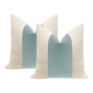 20" Spa Blue Designer Velvet Panel + Linen Pillows - A Pair For Sale