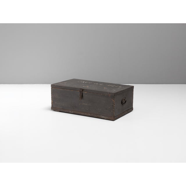 Travel trunk formerly belonging to Captain AE Bell. Original black paint and lettering. Solid pine. U.K circa 1936.