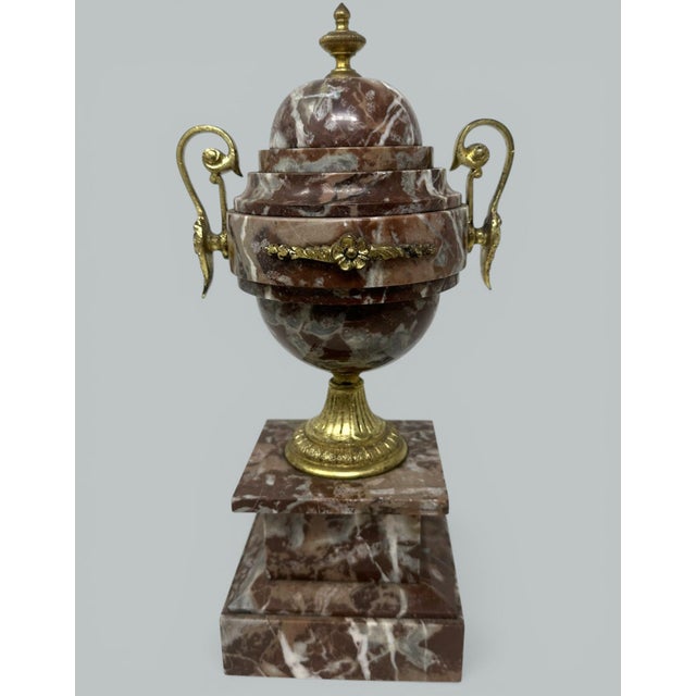 Pair French Regency Style Rosso Levano Marble Gilt Bronze Ormolu Urns Vases 19Ct For Sale - Image 9 of 9