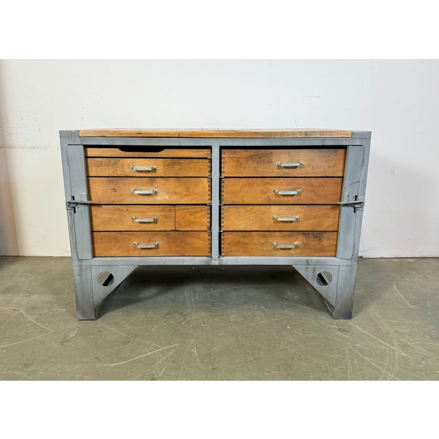 This vintage Industrial iron chest of drawers was made in former Czechoslovakia during the 1960s. It features an iron...