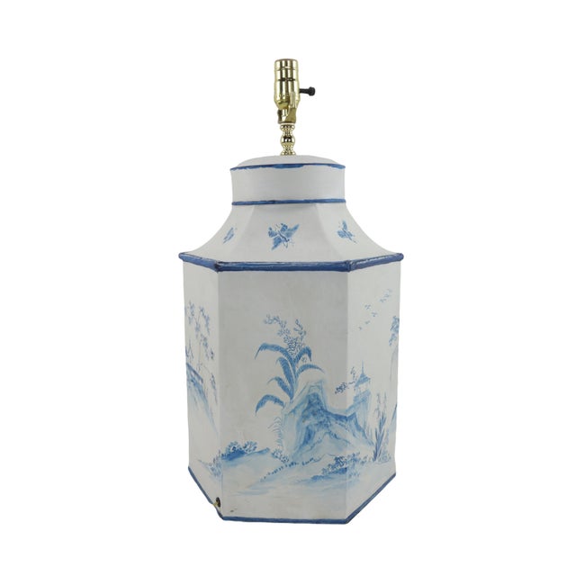 Metal A Pair of Exported British Hand-Painted Blue and White Chinoiserie Tea Cans Hexagonal Table Lamps. For Sale - Image 7 of 9