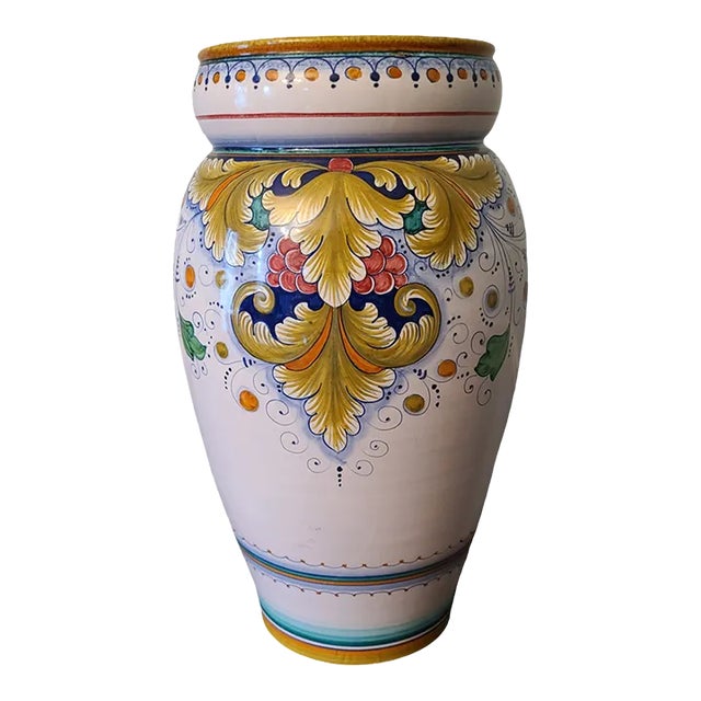 Vintage Monumental Size Gialletti Giulio -Deruta Hand Painted Italian Faience Floor Vase For Sale