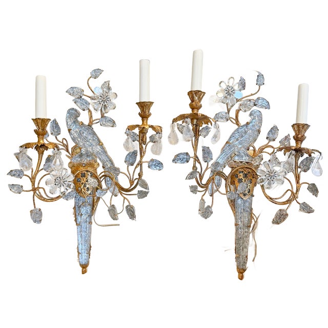 Art Deco Early 20th Century Maison Bagues Crystal Parrot and Gilt Tole Two Light Wall Sconces - A Pair For Sale - Image 3 of 7