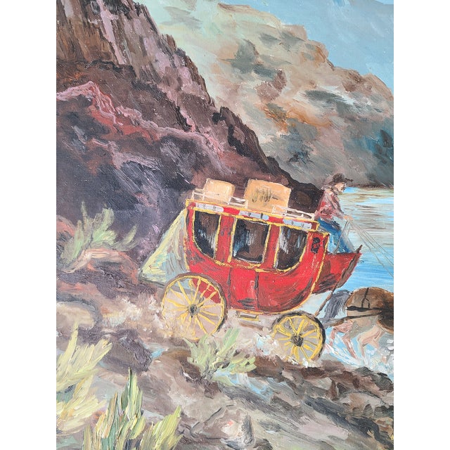 Folk Art Vintage 1960s Americana Folk Art Oil Painting Wild West Stagecoach & Horses For Sale - Image 3 of 16