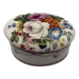 Vintage Crownford Fine Bone China Trinket Jewelry Casket Box Lid Floral England For Sale