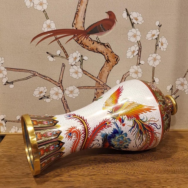 White Vintage Chinese Cloisonné Meiping Vase | White Ground Phoenix & Peony Motif With Stand For Sale - Image 8 of 10