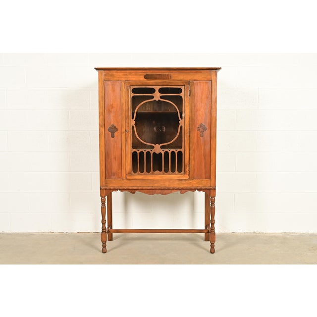 Berkey & Gay Style Antique English Jacobean Carved Walnut and Burl Wood Bookcase or Bar Cabinet, Circa 1920s For Sale - Image 13 of 13