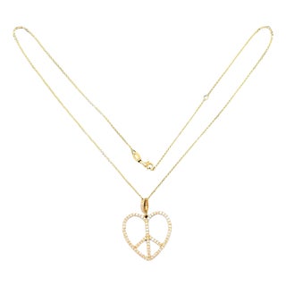 14k Yellow Gold Diamond Heart Peace Necklace For Sale