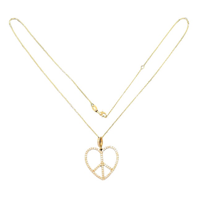 14k Yellow Gold Diamond Heart Peace Necklace For Sale