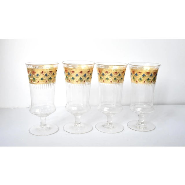 A set of 4 Venetian Murano hand-blown glass wine goblets, champagne flutes, or stemmed water glasses, hand-painted with...