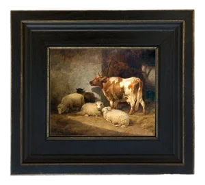 Cow and Sheep Framed Oil Painting Reproduction Print on Canvas - 5" X 6"