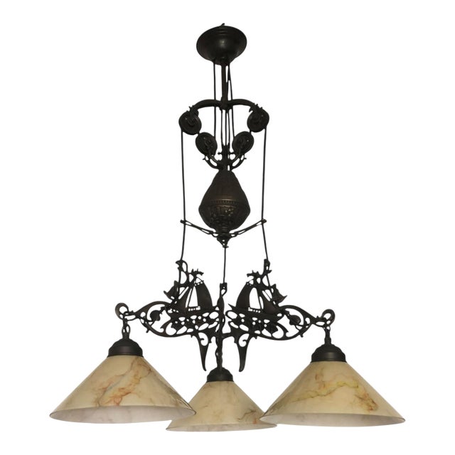 Vintage Nautical Cast Iron Chandelier With Opaline Glass Shades – 3 Lights For Sale