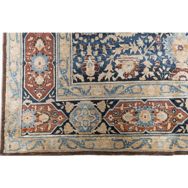 1900 - 1909 Antique Persian Tabriz Botanic Blue Red Beige Handmade Wool Carpet For Sale - Image 5 of 10