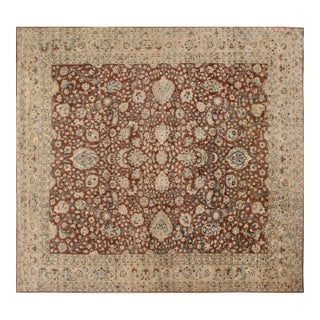 Antique Persian Tabriz Brown, Blue Handmade Wool Rug For Sale