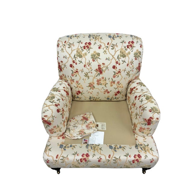 Pair of Lee Industries Floral Upholstered Lounge Chairs With Brass Casters For Sale - Image 10 of 12