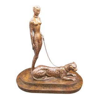 1980s Erte - La Femme À La Panthère - Signed & Numbered Art Deco Bronze Sculpture -15" For Sale