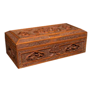 1950s Mid Century Vintage Carved Keepsake Case, Chinese, Satinwood, Decorative Box