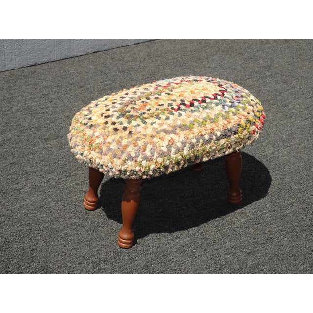 Wood Vintage French Country Gold Multi-Colored Braided Footstool For Sale - Image 7 of 12