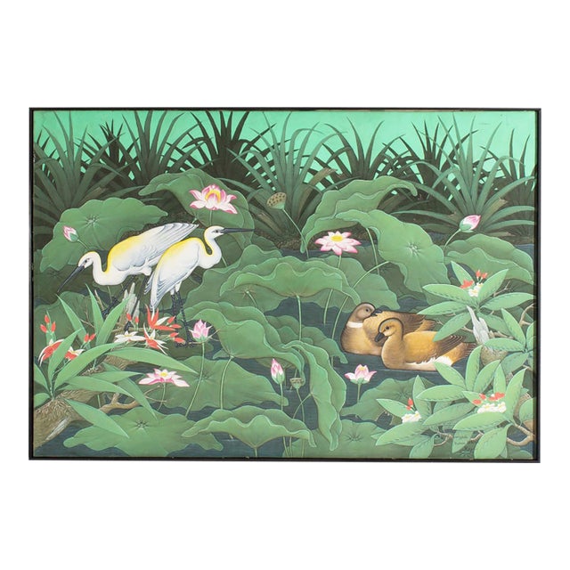 Painting of a Lotus Pond With Birds by W. Kuparyadi For Sale
