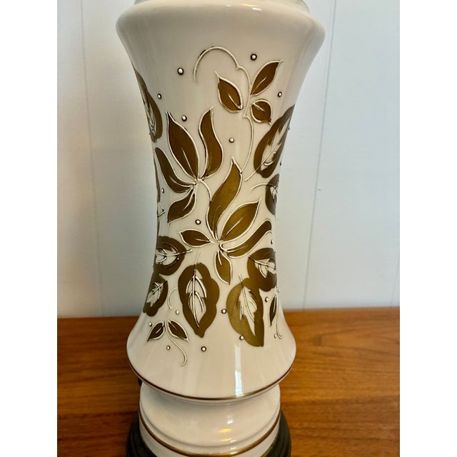 Mid-Century Modern Mid 20th Century Mid Century Modern Gilded Leaf Motif Ceramic Lamps - a Pair For Sale - Image 3 of 9