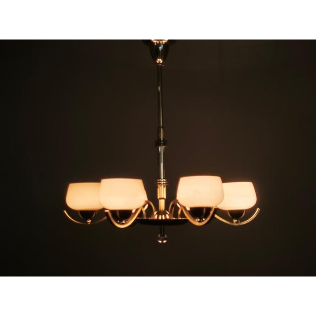 Italian Brass Chandelier with Opaline Glass Shades, 1950s For Sale - Image 3 of 17