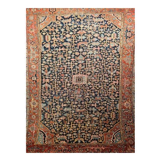 19th Century Persian Heriz Serapi Rug, Hand-Knotted Wool, Allover Geometric Pattern, Blue & Red, 8x11 For Sale