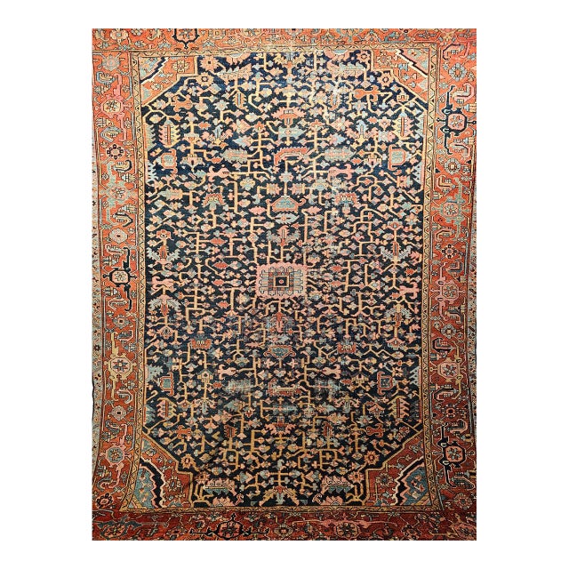19th Century Persian Heriz Serapi Rug, Hand-Knotted Wool, Allover Geometric Pattern, Blue & Red, 8x11 For Sale