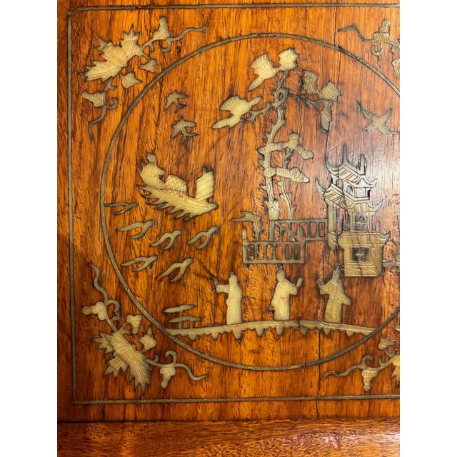 Brown Antique Ornately Hand Carved Chinese Plaque With Inlaid Hand Carved Figures For Sale - Image 8 of 12