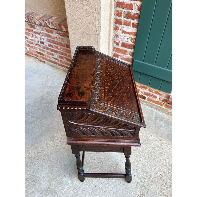Antique English Slant Front Desk Display Stand Jacobean Carved Tiger Oak Lectern For Sale - Image 11 of 18