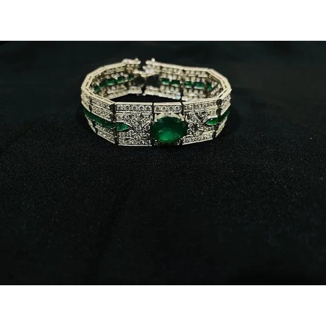 Modern 18kt Solid White Gold Bold Diamond and Emerald Studded Bold Bracelet For Sale - Image 3 of 6