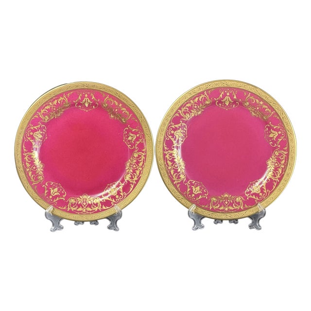 French Crimson & Gilt Porcelain Cabinet Plates from WG Co Limoges, 1890s, Set of 2 For Sale