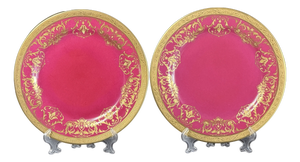 French Crimson & Gilt Porcelain Cabinet Plates from WG Co Limoges, 1890s, Set of 2