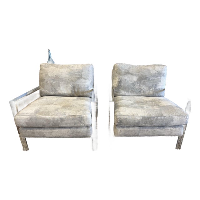 Pair of Mid Century Modern Style Chrome Upholstered Lounge Chairs by Arhaus For Sale
