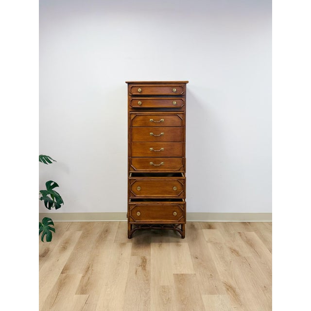 Wood Mid 20th Century Ficks Reed Faux Bamboo Lingerie Chest Eight Drawers Brass Hollywood Regency For Sale - Image 7 of 11