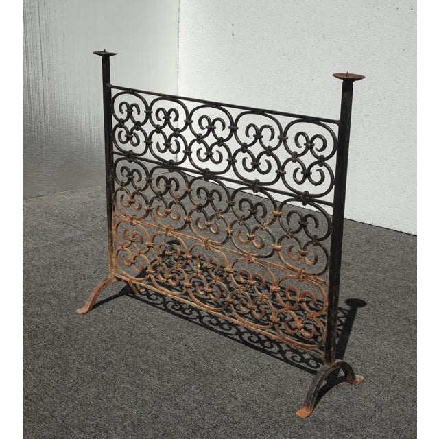 French Country VTG French Country Black Rustic Wrought Iron Fireplace Screen W Candle Holders For Sale - Image 3 of 12