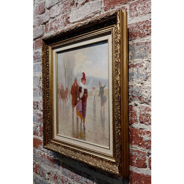 Textile Desire Honore Berard -Husband & Wife Walking the Winter Street -19th C. Oil Painting For Sale - Image 7 of 9