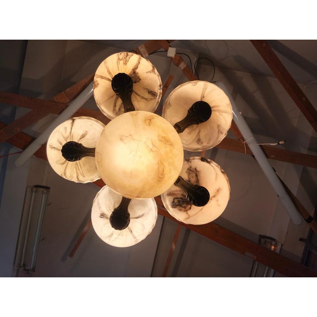 Gold Czech Art Deco Brass Opaline Glass Chandelier, 1940s For Sale - Image 8 of 11