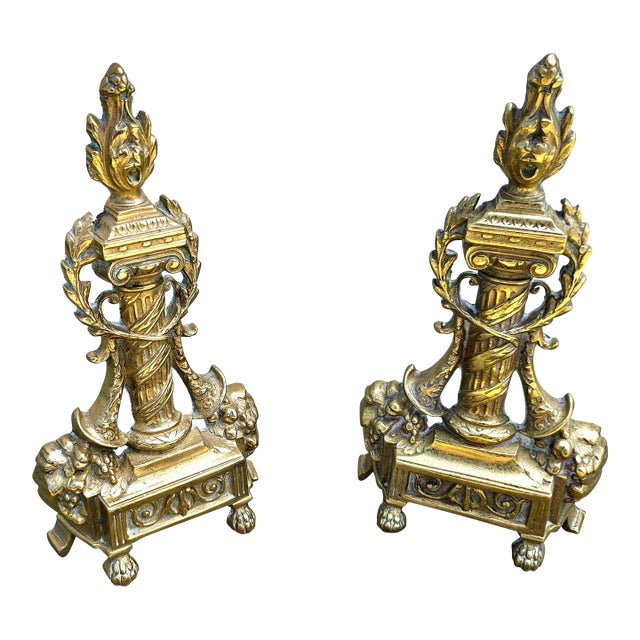 Pair Antique French Neoclassical Cast Brass Andirons For Sale